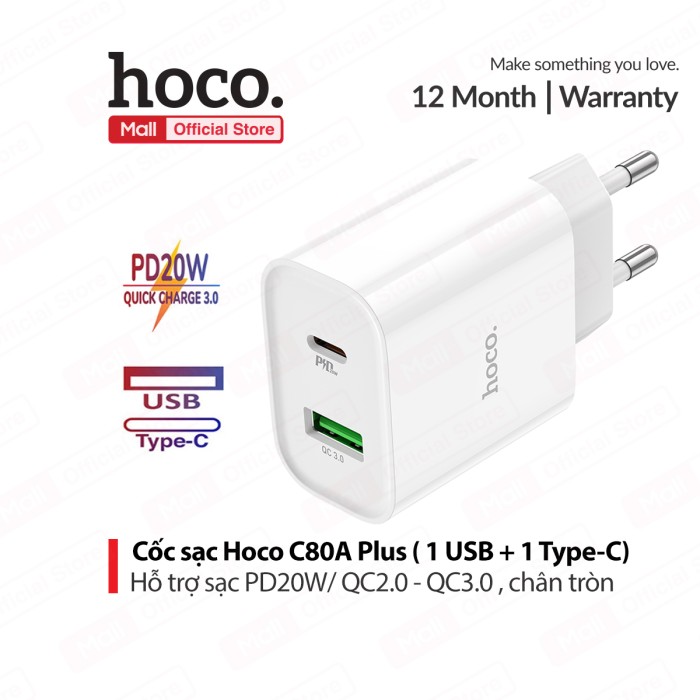 Củ sạc nhanh 20W Hoco C80A Plus 1 cổng USB/ 1 cổng Type-C hỗ trợ sạc 18W - PD 20W , chân tròn  - máy pda