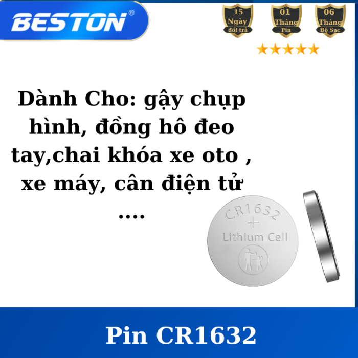 Vỉ 5 viên pin CR2032, CR1632 Beston Pin cúc áo 3V dùng cho điều khiển xe máy ,điều khiển quạt, cân điện tử - Hình ảnh 2