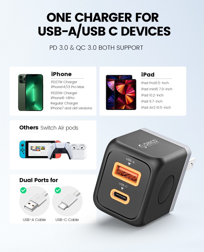 ORICO PD 30W sạc thiết lập USB C USBA Cáp sạc nhanh 2.4A sạc nhanh dây cho iPhone iPad Type-C Bộ Bộ cáp - Hình ảnh 4