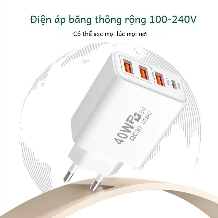 40W USB Loại C Sạc Nhanh 4 Cổng Sạc Nhanh 3.0 Phích Cắm EU Pd Adapter Dành Cho iPhone Samsung điện Thoại Di Động Xiaomi Du Lịch - Hình ảnh 3