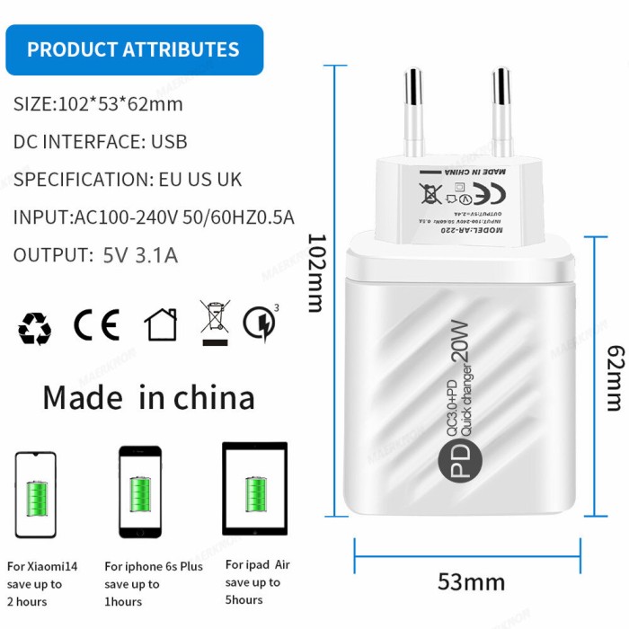 Pd 20W USB C Sạc Nhanh Sạc Loại C Tường Sạc Cho Iphone 14 Samsung Xiaomi Huawei Hiển Thị Kỹ Thuật Số Điện Thoại Sạc Adapter - Hình ảnh 4
