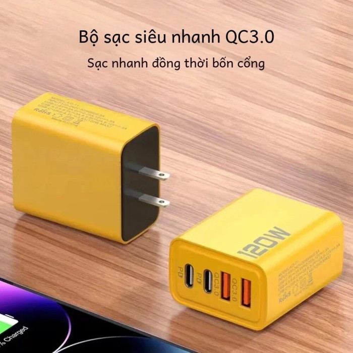 120W USB Loại C Sạc Nhanh 4 Cổng Cho iPhone Samsung Xiaomi Sạc Nhanh Sạc Tường EU/US cắm Màu Vàng - Hình ảnh 3