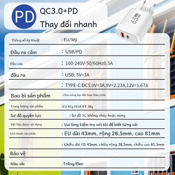 Gan USB Loại C Sạc Nhanh 65W Bộ Sạc Nhanh Pd Sạc Điện Thoại Cho iPhone 14 Xiaomi Samsung Huawei Trắng/Đen - Hình ảnh 4