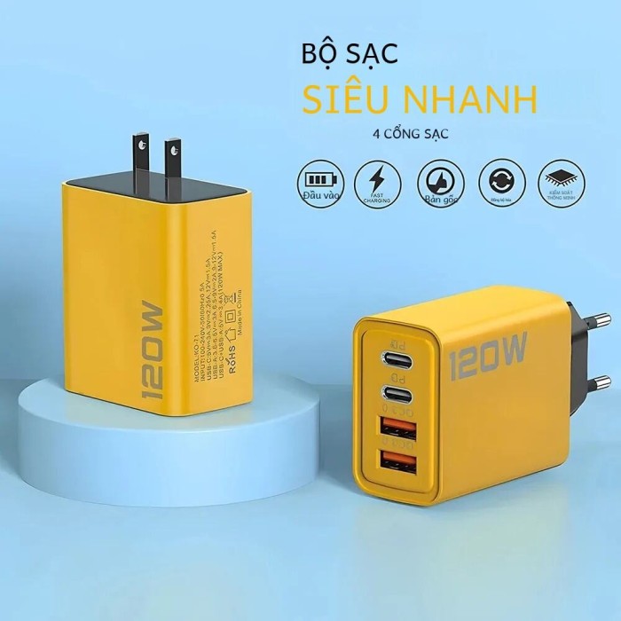 120W USB Loại C Sạc Nhanh 4 Cổng Cho iPhone Samsung Xiaomi Sạc Nhanh Sạc Tường EU/US cắm Màu Vàng