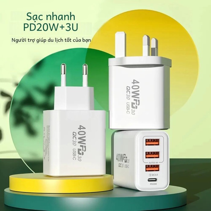 40W USB Loại C Sạc Nhanh 4 Cổng Sạc Nhanh 3.0 Phích Cắm EU Pd Adapter Dành Cho iPhone Samsung điện Thoại Di Động Xiaomi Du Lịch