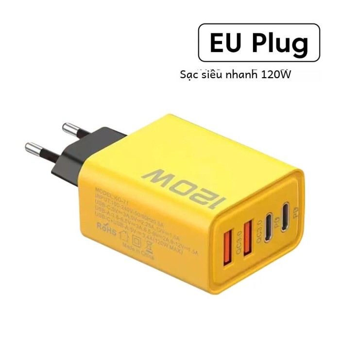 120W USB Loại C Sạc Nhanh 4 Cổng Cho iPhone Samsung Xiaomi Sạc Nhanh Sạc Tường EU/US cắm Màu Vàng - Hình ảnh 6