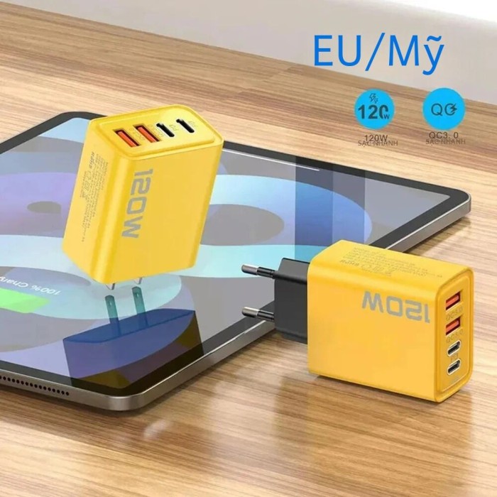 120W USB Loại C Sạc Nhanh 4 Cổng Cho iPhone Samsung Xiaomi Sạc Nhanh Sạc Tường EU/US cắm Màu Vàng - Hình ảnh 4