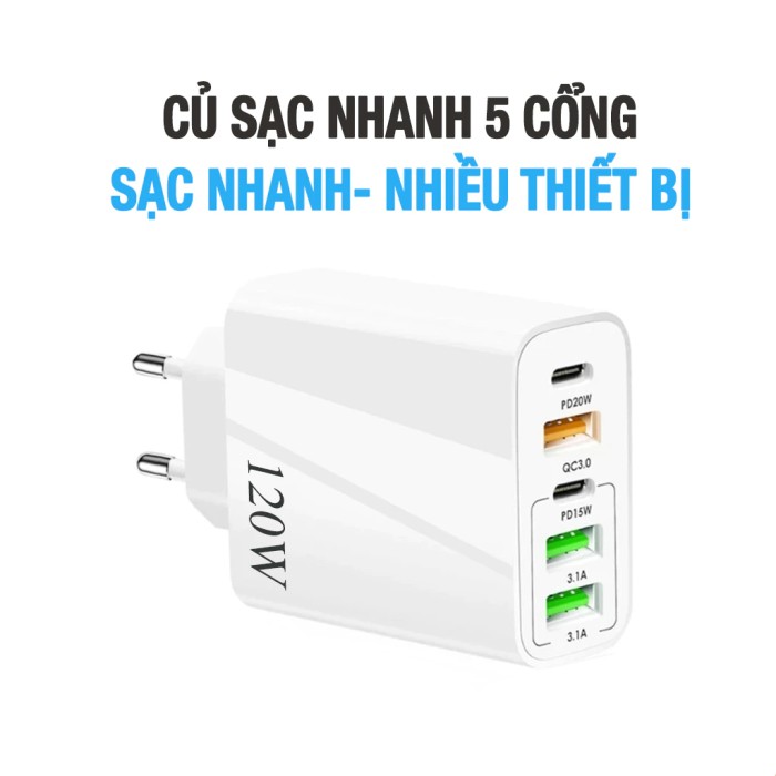 Củ Sạc Nhanh 120W 5 Cổng USB Type C GaN, sạc siêu nhanh, an toàn, chống chai pin, nóng máy - Hình ảnh 6