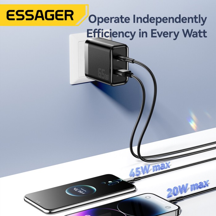 Essager 65W siêu lấp lánh phí gan A + C Bộ sạc USB A Loại C siêu sạc nhanh r cho máy tính xách tay máy tính bảng sạc nhanh qc4.0 3.0 pd3.0 cho iphone15 14-8 Series iPad macbook Huawei Samsung điện thoại siêu nhanh sạc nhanh bộ sạc - Hình ảnh 2
