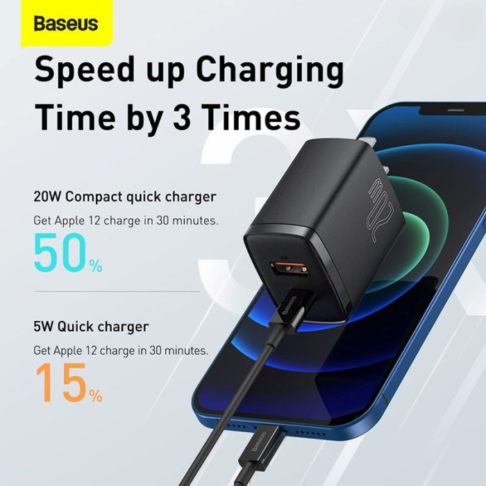 Củ sạc nhanh iPhone 20w Baseus Compact 2 cổng type c và usb, Phụ Kiện sạc iPhone Android Phone, không hộp - Hình ảnh 2