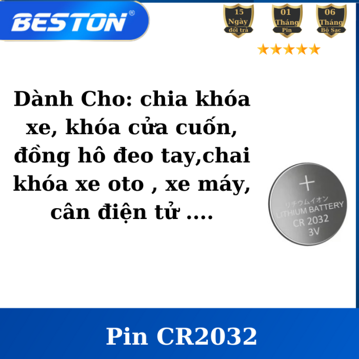 Vỉ 5 viên pin CR2032, CR1632 Beston Pin cúc áo 3V dùng cho điều khiển xe máy ,điều khiển quạt, cân điện tử - Hình ảnh 3