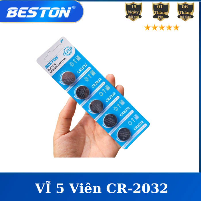 Vỉ 5 viên pin CR2032, CR1632 Beston Pin cúc áo 3V dùng cho điều khiển xe máy ,điều khiển quạt, cân điện tử