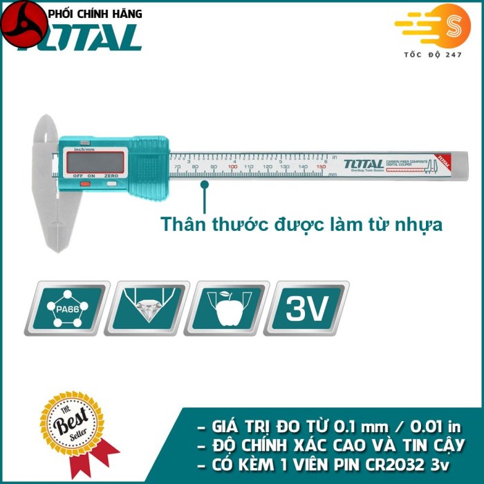 Thước kẹp điện tử thân nhựa 150mm TOTAL TMT331501 - kỹ thuật số, dùng pin CR2032, độ chính xác cao, do từ 0.1mm