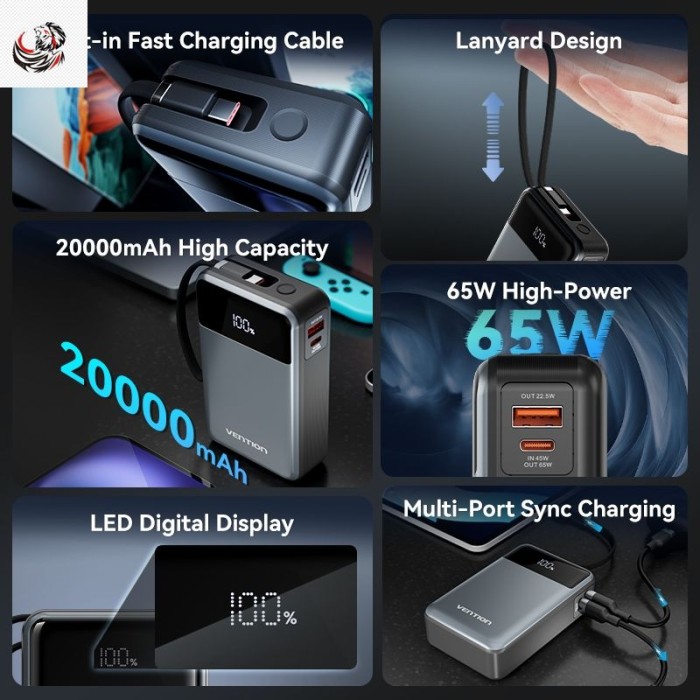 Vention 65W Power Bank có cáp 20000mAh Màn hình kỹ thuật số sạc nhanh PD ba chiều cho điện thoại - Hình ảnh 2