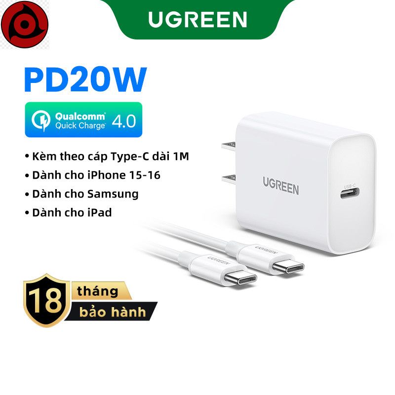 UGREEN PD 20W, Bộ sạc USB C, Bộ sạc nhanh, Bộ sạc tường USB-C, Bộ Chuyển Đổi nguồn, Tương thích với iPhone 16 Pro Max