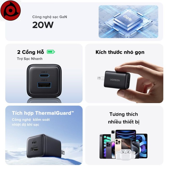 【 Nexode + 2 Cổng 】 UGREEN 20W GaN Sạc Mini USB C Sạc Điện Thoại PD3.0 QC3.0 Cho iP16 15 14 Pro Max Samsung S25  Ultra - Hình ảnh 2