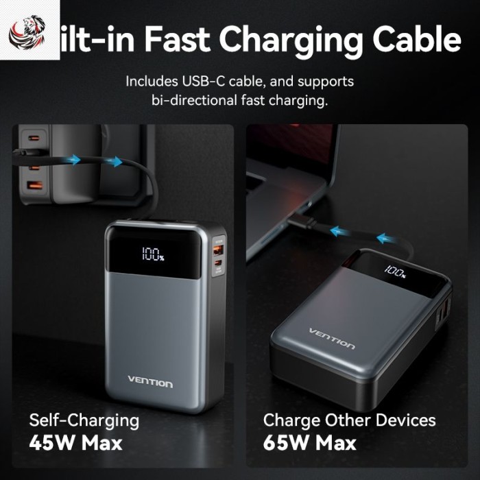 Vention 65W Power Bank có cáp 20000mAh Màn hình kỹ thuật số sạc nhanh PD ba chiều cho điện thoại - Hình ảnh 3