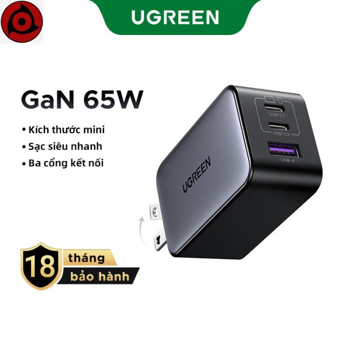 Bộ sạc USB C UGREEN 65W, Khối sạc nhanh Nexode 3 cổng GaN, Bộ sạc gấp gọn nhỏ gọn cho MacBook Pro/Air,, iPhone 16/15/