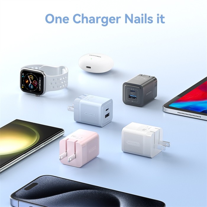 Bộ sạc GaN Vention 20W 30W Bộ sạc USB C PD + USB 2 cổng Bộ sạc chuyển đổi với QC4.0 PD USB typec Sạc nhanh Bộ sạc phích cắm US cho IP 16 Samsung Android - Hình ảnh 8