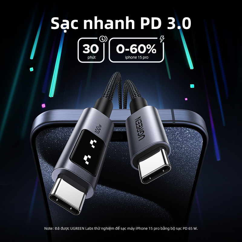 Cáp sạc nhanh UGREEN Uno 100W Type C E-Marker cho iPhone 16 Pro Max cho iPhone 15 Series Samsung S25 Ultra - Hình ảnh 3