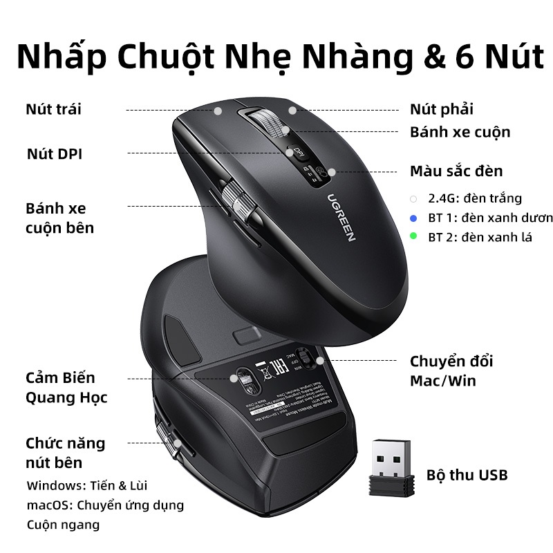 UGREEN,Chuột Bluetooth Không Dây, 2.4G, Công Nghệ 5.4, Thiết Kế Công Thái Học, 5000DPI, 1000 Hàng Cuộn Tốc Độ Cao - Hình ảnh 8