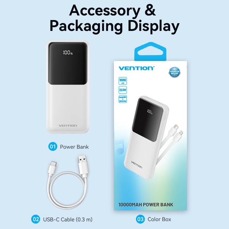 sạc dự phòng có dây 20000mAh Vention Power Bank PD 22.5w Sạc nhanh tích hợp màn hình kỹ thuật số cáp kép cho Iphone 16 XiaoMi Huawei Sansumg 10000mAh - Hình ảnh 7
