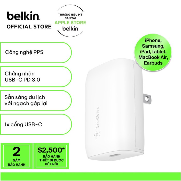 Sạc nhanh BOOST↑CHARGE Belkin 30W USB-C PD 3.0 PPS B7 (tương thích iPhone 15)