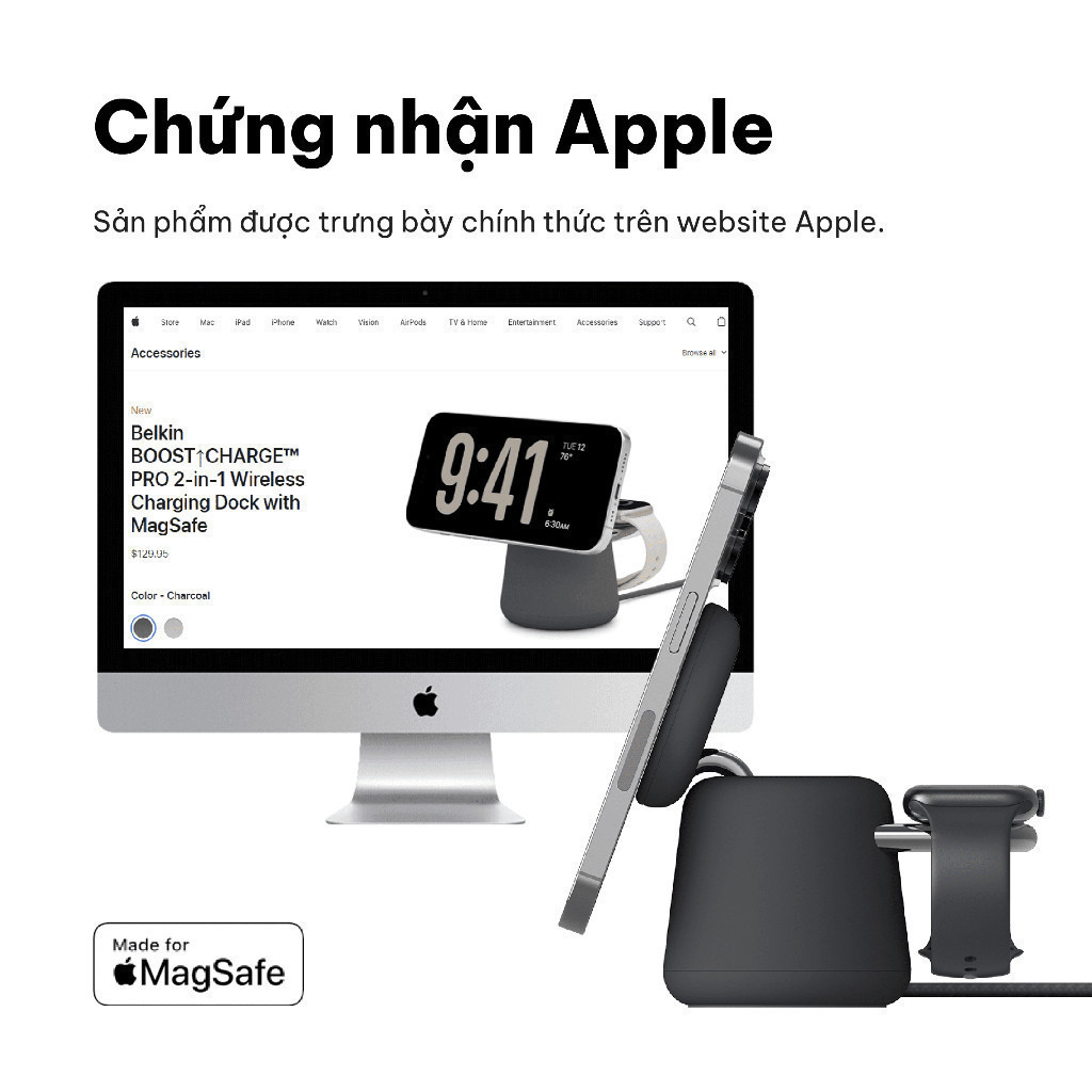 Đế sạc không dây 2 trong 1 Belkin BoostCharge Pro Magsafe 15W - không kèm sạc