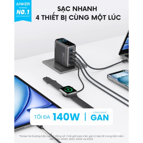 Bộ sạc nhanh Anker ZoLo 140W (4 cổng, GaN) sạc được cho laptop- 3 USB-C PD & 1 USB-A sạc 4 thiết bị cùng lúc - B2697