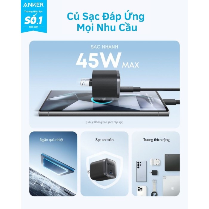 Củ sạc nhanh Anker Nano 45W - 1 cổng USB-C cho Samsung/iP15,16 series/ Macbook (GaN, ActiveShield) - A2692