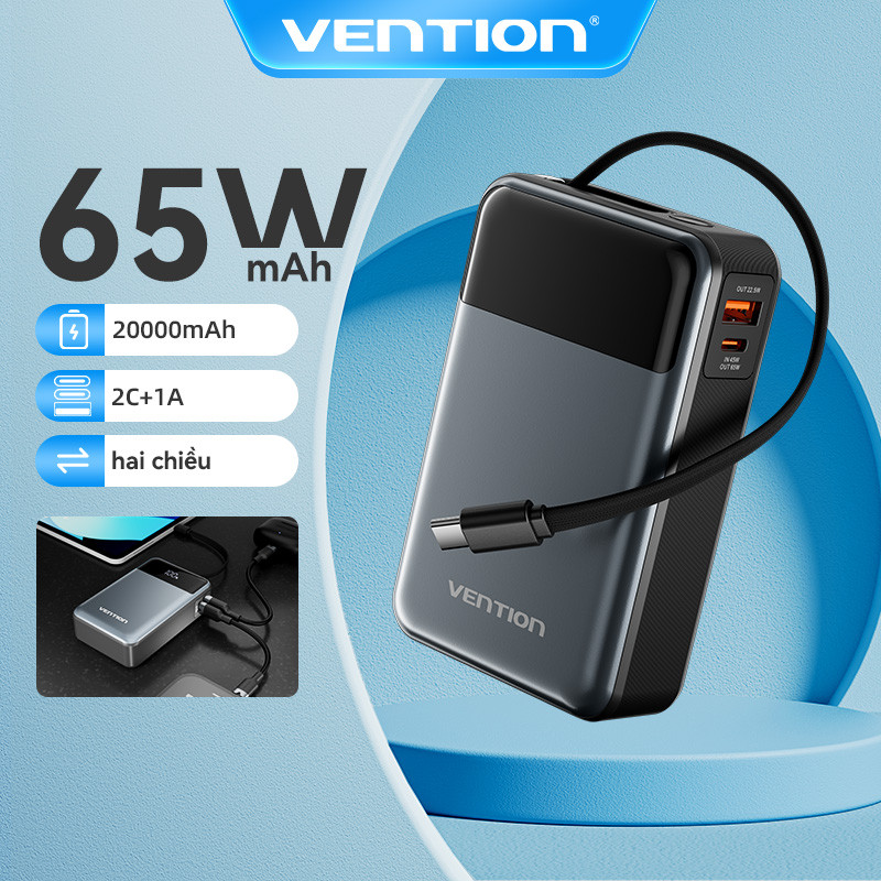 Vention 65W Power Bank có cáp 20000mAh Màn hình kỹ thuật số sạc nhanh PD ba chiều cho điện thoại