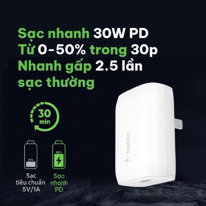 Sạc nhanh BOOST↑CHARGE Belkin 30W USB-C PD 3.0 PPS B7 (tương thích iPhone 15) - Hình ảnh 2
