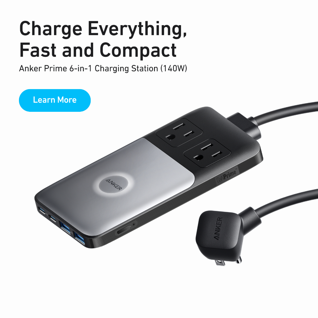 Trạm sạc đa năng Anker 727 GaNPrime 100W 2 cổng USB-C, 2 cổng USB-A và 2 ổ cắm AC sạc cùng lúc 6 thiết bị - A9126