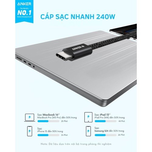 Cáp sạc nhanh ANKER Zolo USB-C to USB-C công suất cao 240W-0,9m - Chất liệu nylon dù hạn chế bám bẩn đứt gãy - A8060