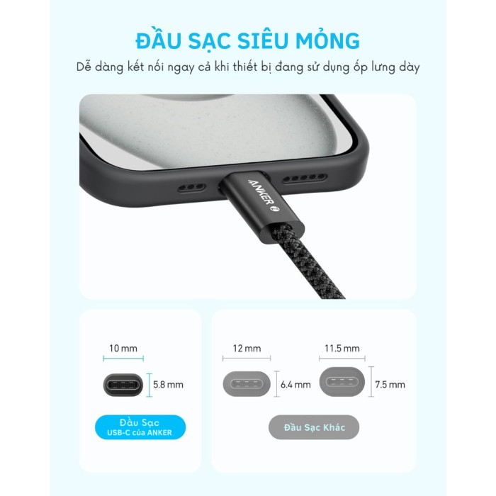 Cáp sạc nhanh ANKER Zolo USB-C to USB-C công suất cao 240W-0,9m - Chất liệu nylon dù hạn chế bám bẩn đứt gãy - A8060 - Hình ảnh 3