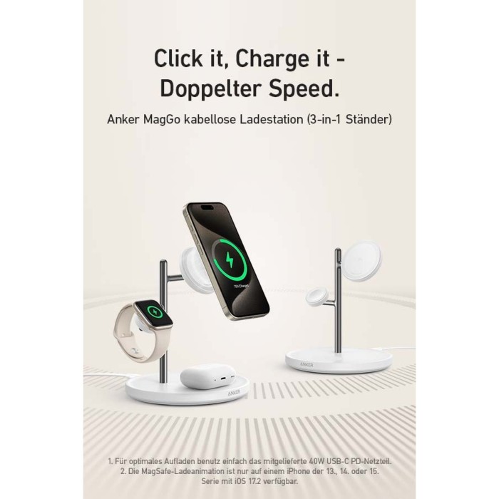 Đế sạc Anker MagGo 3-in-1 Wireless chuẩn Qi2 15W kèm bộ sạc - B25M3