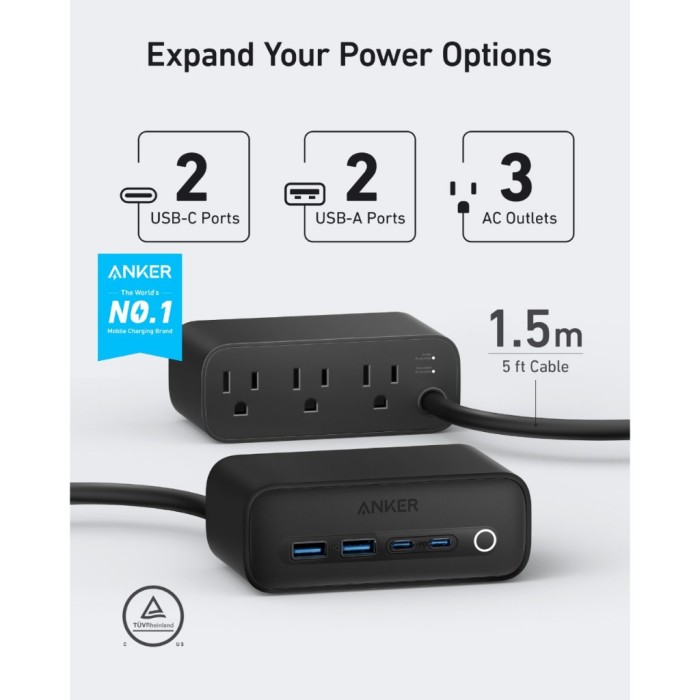 Trạm sạc nhanh 7in1 Anker 525 67W - 7 cổng (3 ổ cắm AC & 2USB-A & 2USB-C) - A91C0