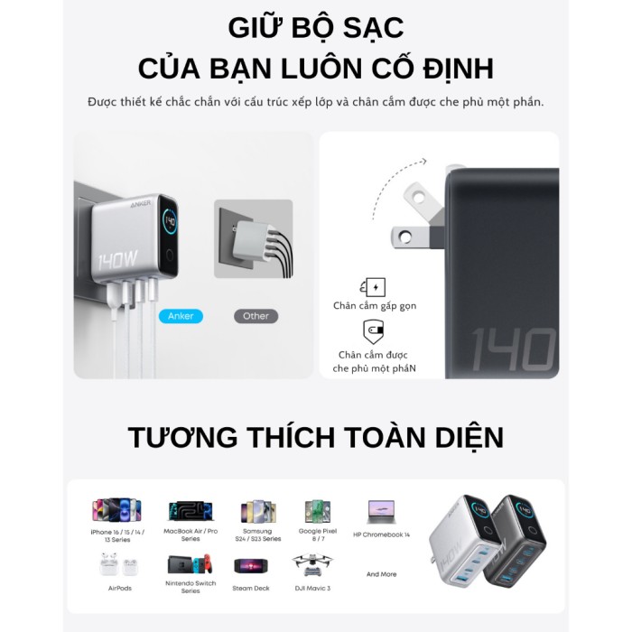 Bộ sạc nhanh Anker ZoLo 140W (4 cổng, GaN) sạc được cho laptop- 3 USB-C PD & 1 USB-A sạc 4 thiết bị cùng lúc - B2697 - Hình ảnh 4