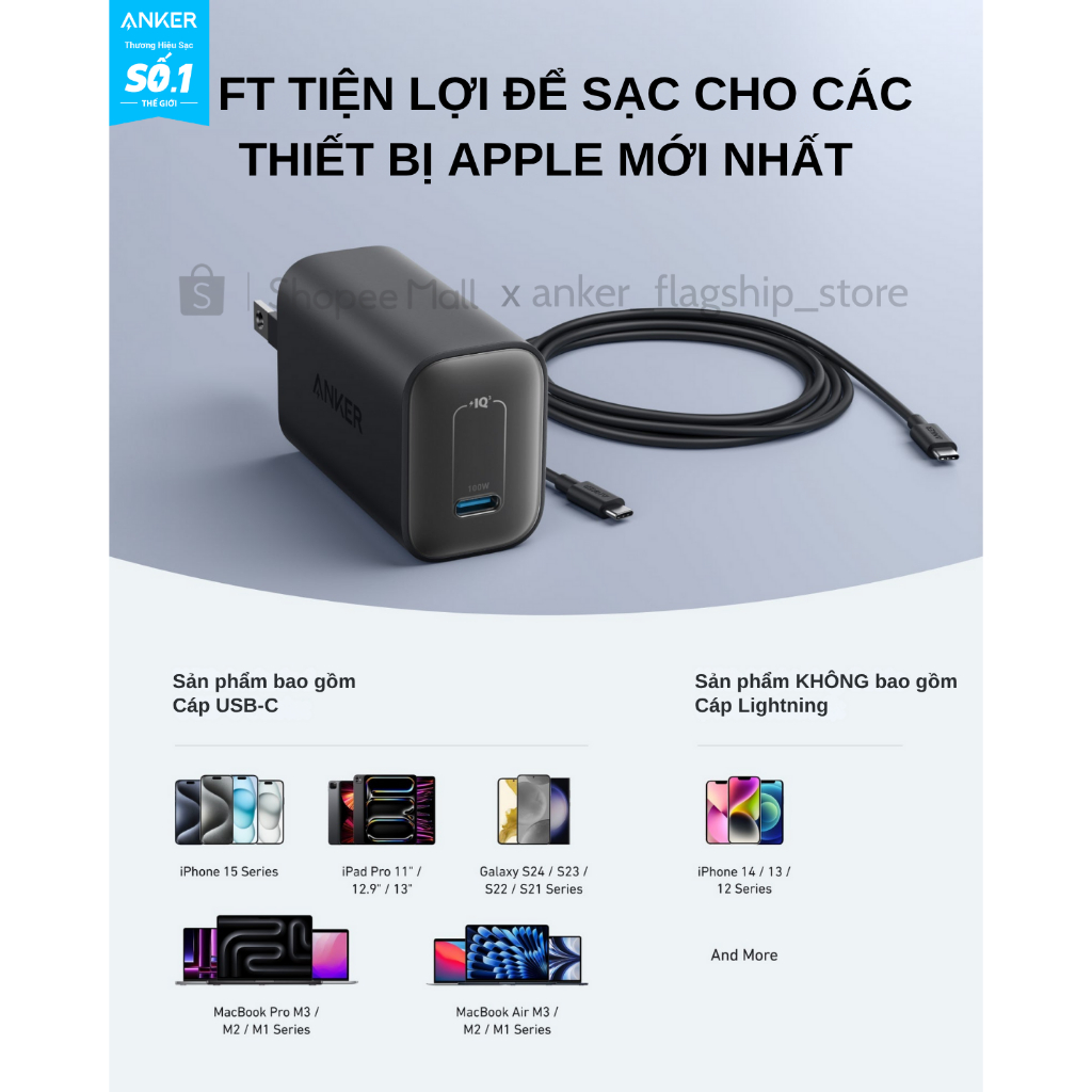 Bộ sạc Anker Nano GaN 100W GaN - 1 cổng USB-C - Kèm Cáp sạc 1.8m USB-C có thể sạc laptop, hỗ trợ PPS 2.0 - B2679 - Hình ảnh 5