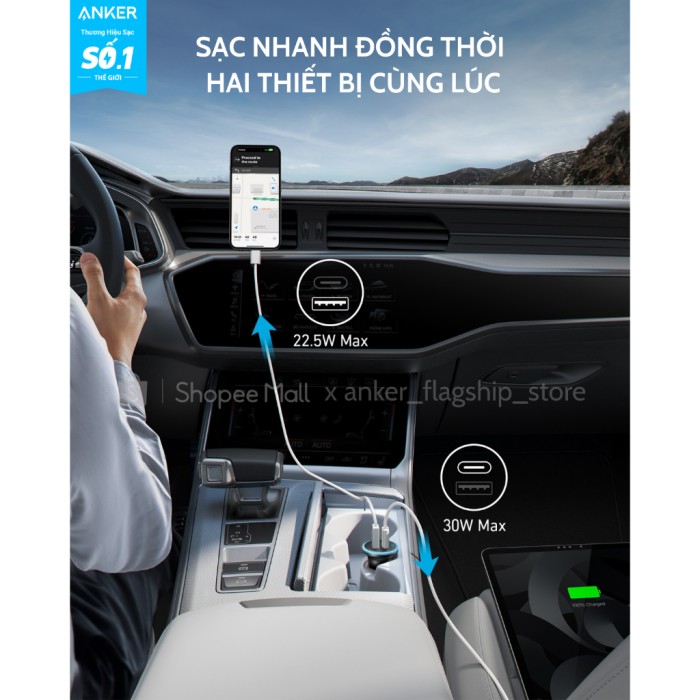 Tẩu sạc xe hơi Anker 52.5W (1 cổng USB-C, 1 cổng USB-A) sạc 2 thiết bị hỗ trợ PowerIQ 3.0, Active Shield - A2735 - Hình ảnh 2