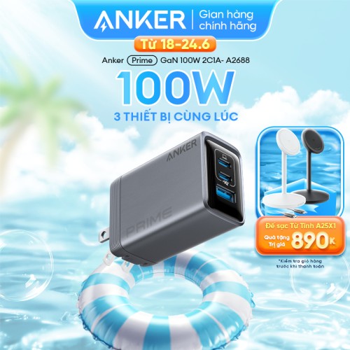 Củ sạc nhanh Anker GaNPrime 100W - 3 cổng 2C1A sạc 3 thiết bị cùng lúc - hỗ trợ PD/PPS 2.0 - A2688