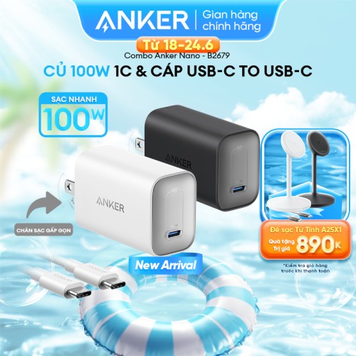 Bộ sạc Anker Nano GaN 100W GaN - 1 cổng USB-C - Kèm Cáp sạc 1.8m USB-C có thể sạc laptop, hỗ trợ PPS 2.0 - B2679