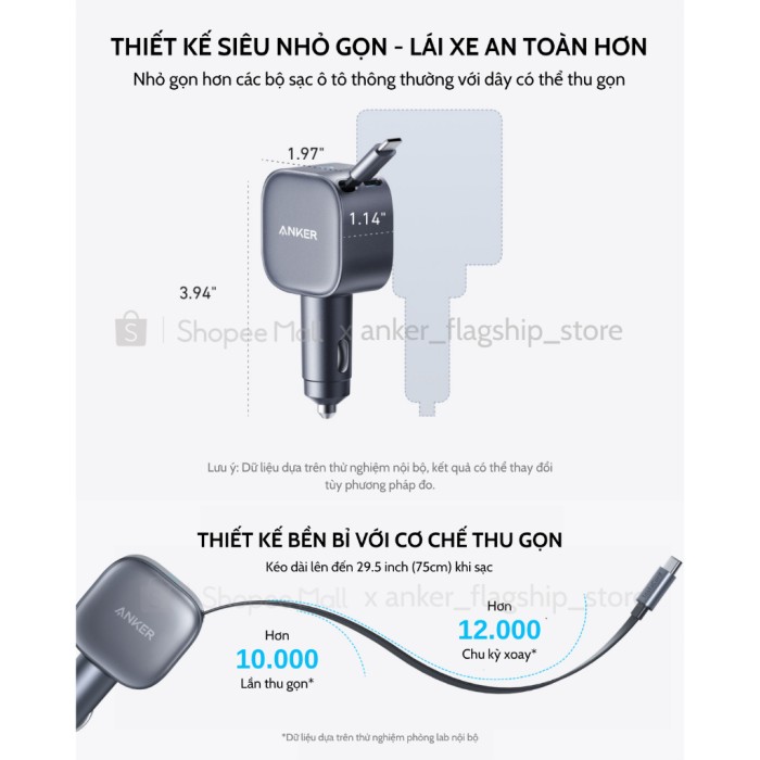 Tẩu sạc xe hơi Anker Nano 75W tích hợp 1 cáp USB-C (Một cổng USB-C 30W) sạc 2 thiết bị hỗ trợ PPS, PD, QC 3.0 - A2738 - Hình ảnh 4