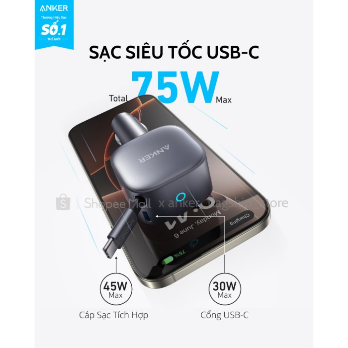 Tẩu sạc xe hơi Anker Nano 75W tích hợp 1 cáp USB-C (Một cổng USB-C 30W) sạc 2 thiết bị hỗ trợ PPS, PD, QC 3.0 - A2738 - Hình ảnh 2
