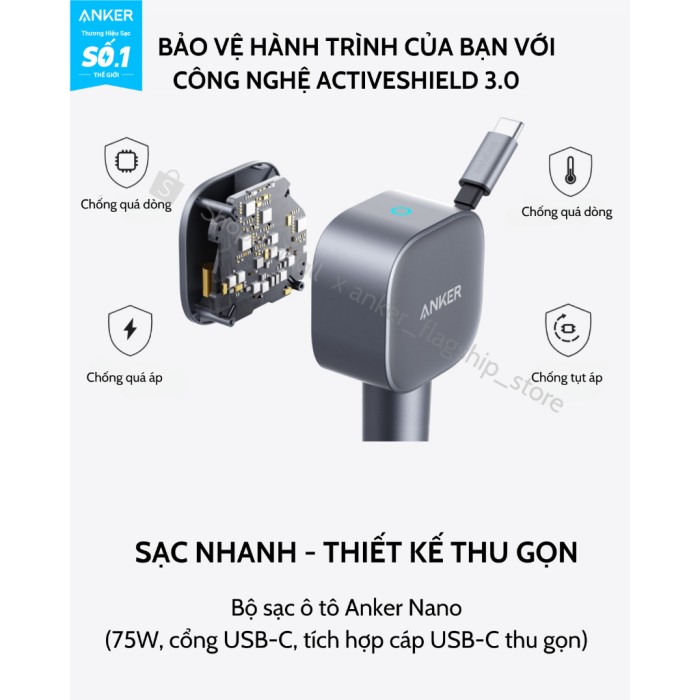 Tẩu sạc xe hơi Anker Nano 75W tích hợp 1 cáp USB-C (Một cổng USB-C 30W) sạc 2 thiết bị hỗ trợ PPS, PD, QC 3.0 - A2738 - Hình ảnh 3