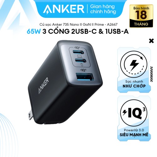 Củ Sạc ANKER 735 Nano II GaN  Prime 65W -  3 cổng 2USB-C & 1USB-A - A2667