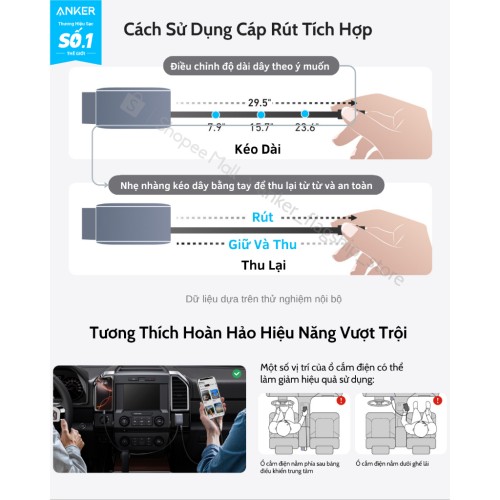 Tẩu sạc xe hơi Anker Nano 75W tích hợp 1 cáp USB-C (Một cổng USB-C 30W) sạc 2 thiết bị hỗ trợ PPS, PD, QC 3.0 - A2738
