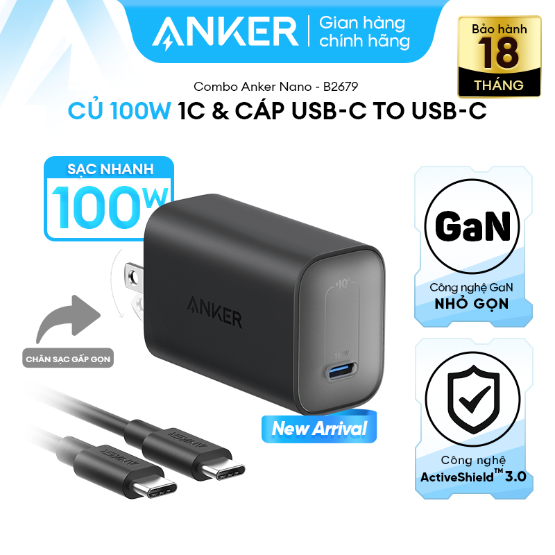 Bộ sạc Anker Nano GaN 100W GaN - 1 cổng USB-C - Kèm Cáp sạc 1.8m USB-C có thể sạc laptop, hỗ trợ PPS 2.0 - B2679 - Hình ảnh 6