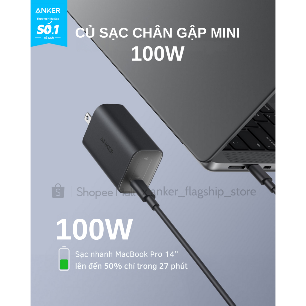 Bộ sạc Anker Nano GaN 100W GaN - 1 cổng USB-C - Kèm Cáp sạc 1.8m USB-C có thể sạc laptop, hỗ trợ PPS 2.0 - B2679 - Hình ảnh 2