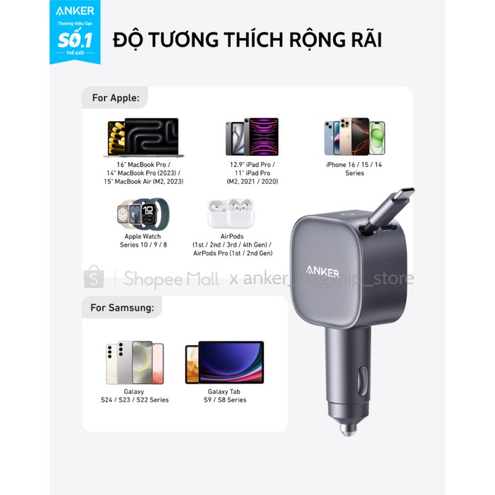 Tẩu sạc xe hơi Anker Nano 75W tích hợp 1 cáp USB-C (Một cổng USB-C 30W) sạc 2 thiết bị hỗ trợ PPS, PD, QC 3.0 - A2738 - Hình ảnh 8